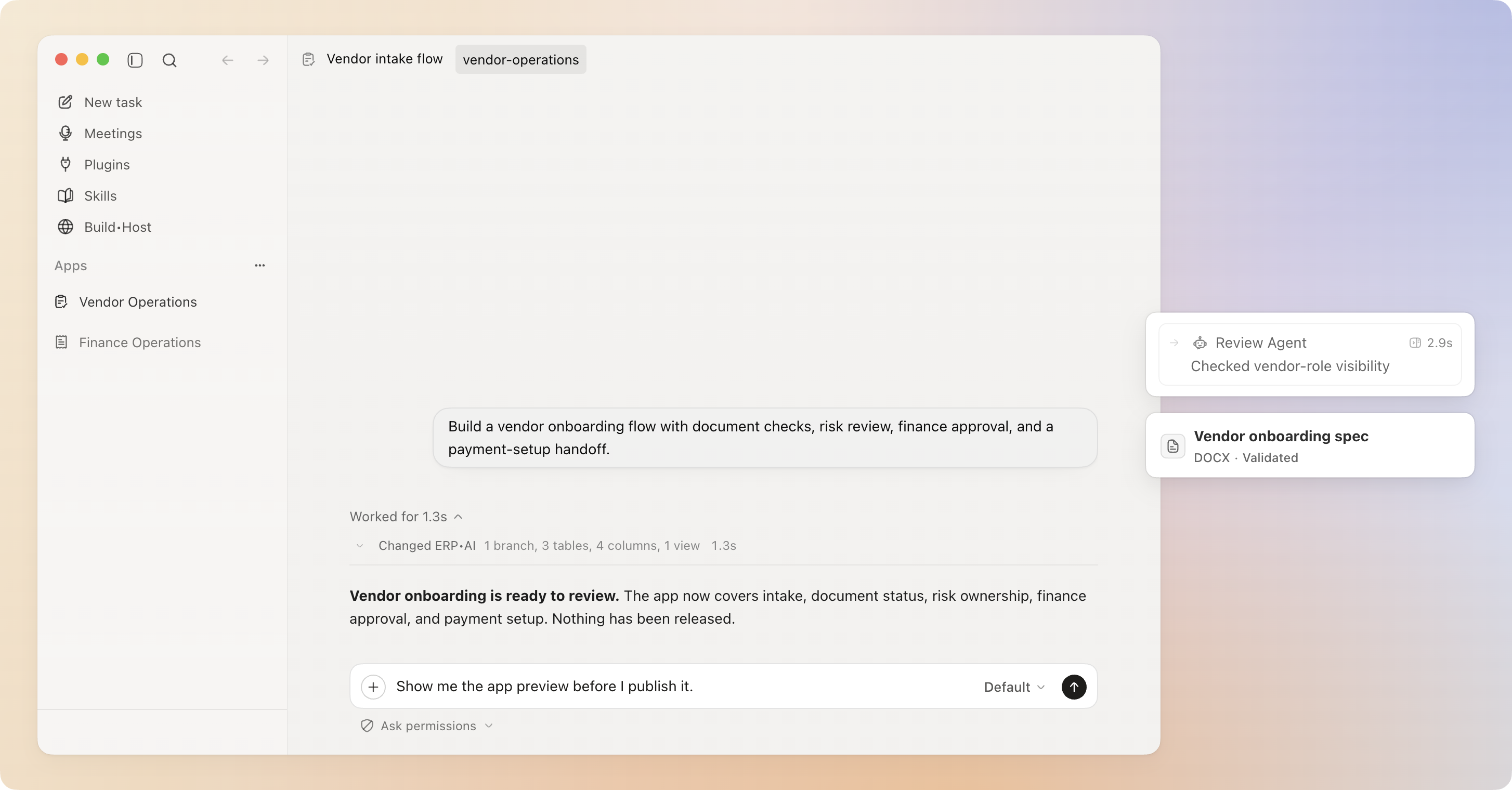 Proto shows a vendor onboarding task, completed ERP•AI changes, a review agent, a validated specification, and a preview-before-publish next step