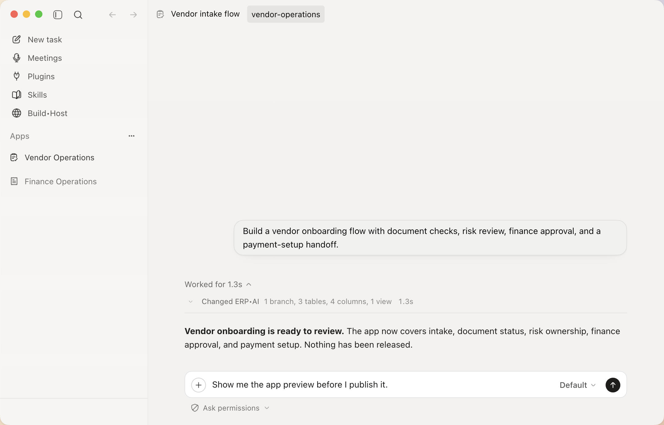 The Proto application window showing the completed vendor onboarding task and preview-before-publish prompt